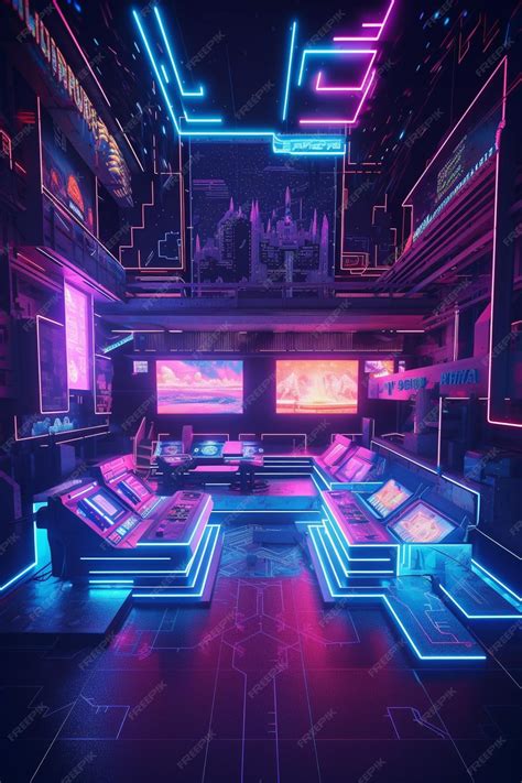 Premium Photo | A cyberpunk room with neon lights and a sign that says ...