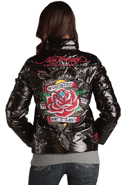 Ed Hardy Black Womens Skull Roses Puffer Jacket | eBay