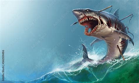 Great white shark zombie attacks in a jump. A giant zombie shark attacks jumping out of the sea ...