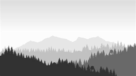 Silhouette landscape with fog, forest, pine trees, mountains ...