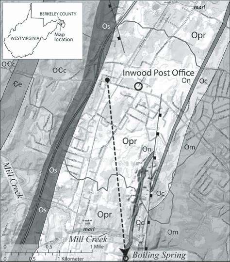 2. Geologic map of the Inwood, West Virginia, area. The heavy dashed... | Download Scientific ...