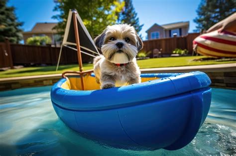 Premium AI Image | A Shih Tzu in a toy sailboat sailing in a backyard pool