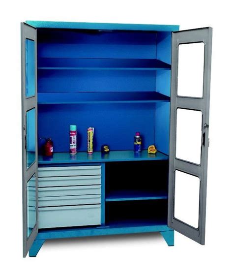 an open blue cabinet with drawers and shelves