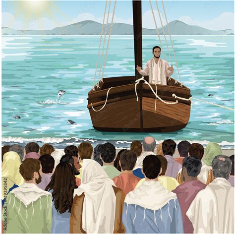 Jesus teaches from boat on the sea of Galilee, in front of large crowd Stock Vector | Adobe Stock