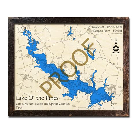 Lake 'O the Pines, TX 3D Wooden Map | Framed Topographic Wood Chart