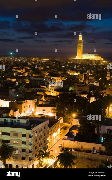 Hassan II Mosque hassan mosque casablanca night lights night time lit dusk palm tree coconut ...