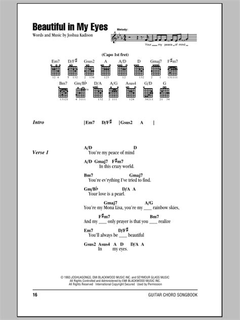 Beautiful In My Eyes by Joshua Kadison Sheet Music for Guitar Chords/Lyrics at Sheet Music Direct