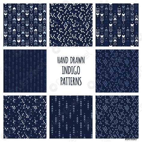 Set of hand drawn indigo blue and white patterns Seamless - stock ...