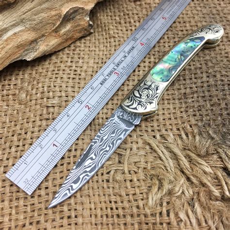 High Quality Small Folding Blade Knife Damascus Steel Blade Brass+Shell ...