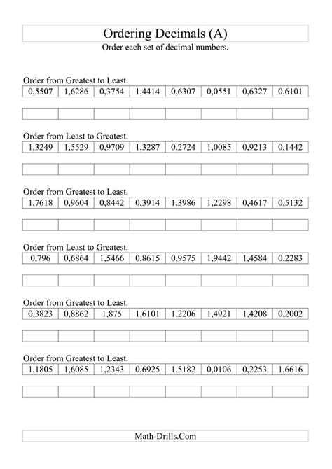 Comparing Decimals To The Thousandths Worksheets