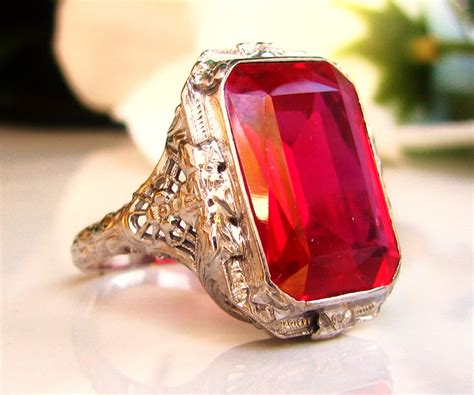 Vintage Emerald Cut Ruby Ring Large 14.00ct Synthetic Ruby | Etsy