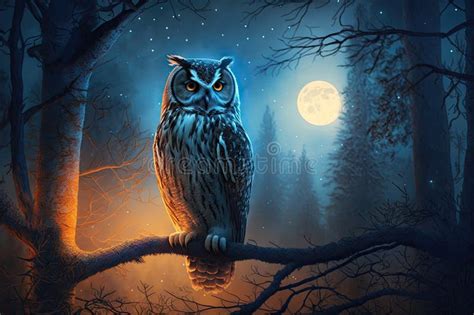 Owl Hooting in Moonlit Forest, with the Glow of the Moon Shining through Stock Illustration ...