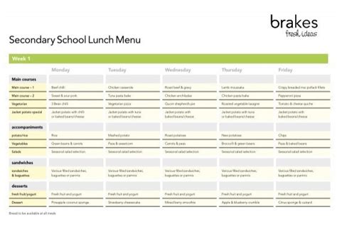 Secondary school lunch menu - printable version