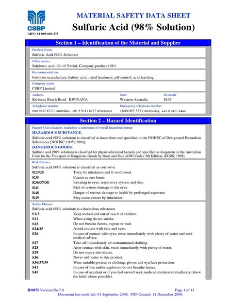 Sulfuric Acid (98% Solution) MSDS | Sulfuric Acid | Dangerous Goods