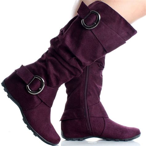 Size 7.5 Purple Flat Knee High Boots Slouch Tall Buckle Ladies Women ...