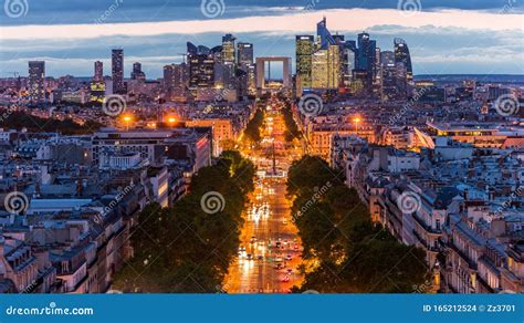 Night View of Downtown of Paris with La Grande Arche De La Defense, View from the Arc De ...