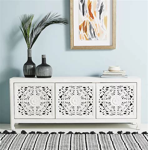 solid wood boho media console with hand-carved cabinet faces floral ...