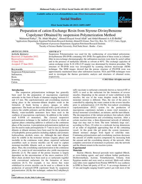 (PDF) Preparation of cation-Exchange Resin from Styrene-Divinylbenzene Copolymer Obtained by ...