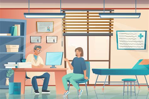 Doctors office concept in flat cartoon design. Therapist consults patient sitting at table ...