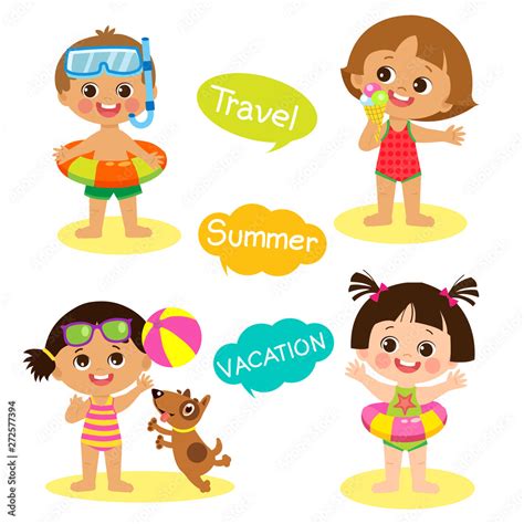 Happy Kids On The Beach Vector Set. Cartoon Flat Style Children In ...