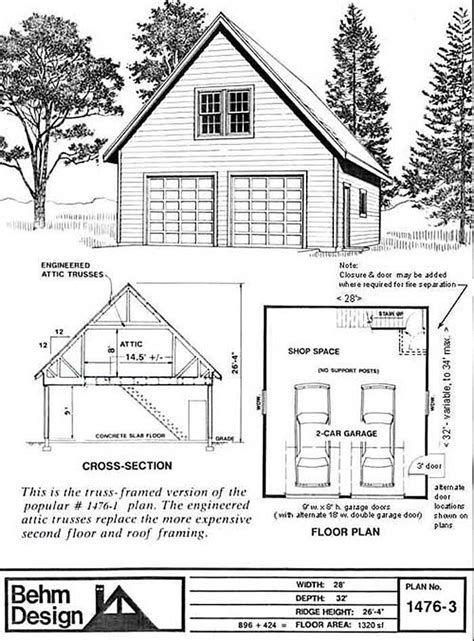 Over-sized 2 Car Steep Roof Attic Truss Garage Plan 1476-3 - 28' x 32' | Garage loft, Loft plan ...