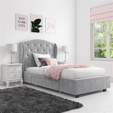 Safina Wing Back Single Bed in Grey Velvet with Underbed Drawer ...