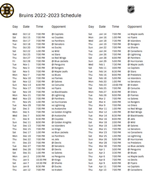 Boston Bruins 2022-23 Season Schedule