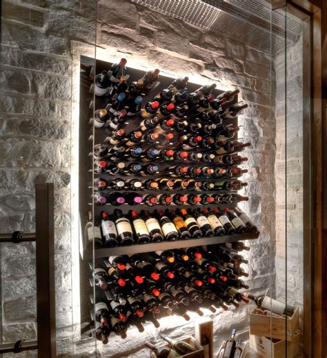 Beverly Hills Ultra Modern Wine Cellar with Metal Pegs, Backlighting, and Stone