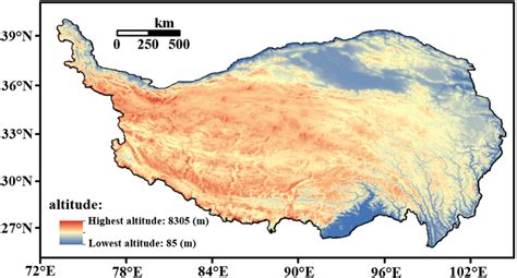 The altitude of the Qinghai-Tibet Plateau. (Software: ArcGIS 10.5 ...