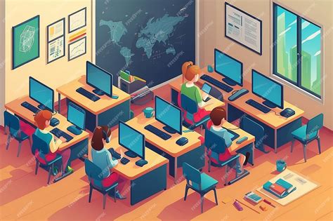Premium Photo | Isometric Computer Classroom with Teacher and Students Vector illustration