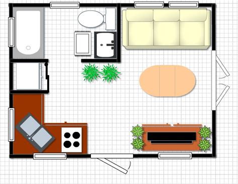 Tiny House Plan 12x16 w/mobile home size bathtub, futon bed, under counter fridge/freezer ...