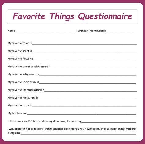 Favorite Things List Worksheet