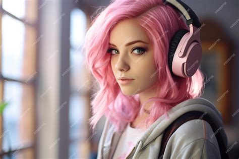 Premium AI Image | Beautiful girl pink hair gaming headphones