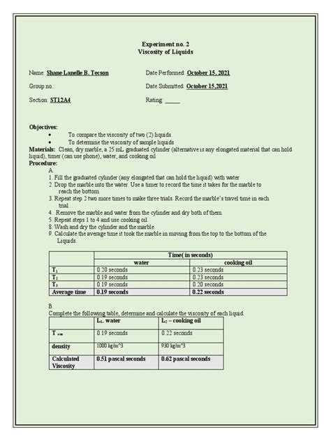 Experiment No. 2 Viscosity of Liquids: 1000 KG/M 3 930 KG/M 3 | PDF | Liquids | Viscosity