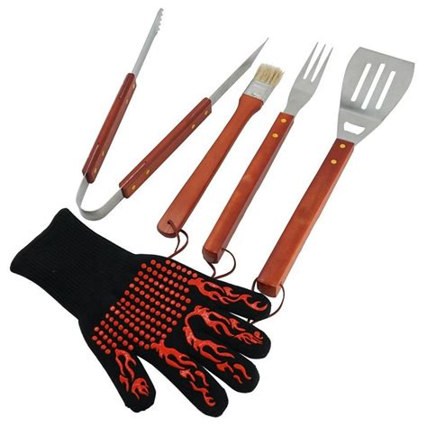 BBQ Grilling Tools Set 5-Piece Stainless Steel Tools with Wood Handles and Grill Glove Barbecue ...