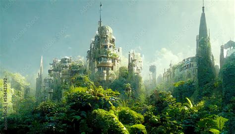 Post apocalyptic city, futuristic overgrown buildings, concept art. 3d ...