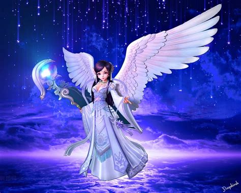 Cute angel, staff, fantasy, girl, angel, magical, sky, bue, HD ...