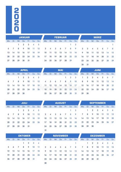 Blue 2020 German Calendar. Printable Portrait Version Stock Vector - Illustration of printable ...