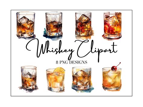 Watercolor Whiskey Glass Clipart, Set of 8 Bourbon Clipart PNG Images, Drink Menu Clipart, Bar ...