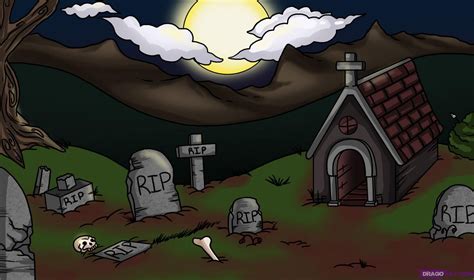 How to Draw a Graveyard, Step by Step, Halloween, Seasonal, FREE Online Drawing Tutorial, Added ...