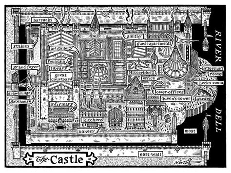 a black and white drawing of a castle with lots of signs on it's walls