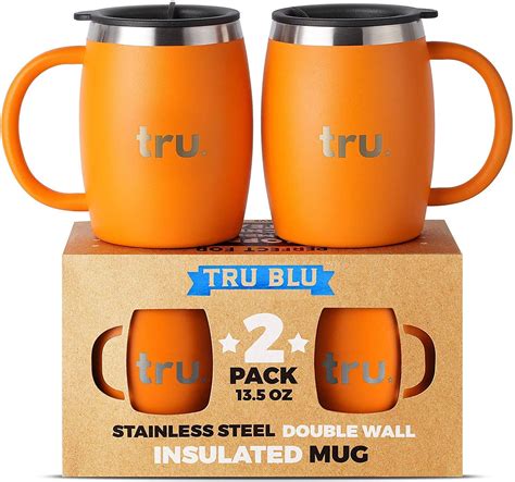 Insulated Coffee Mug with Lid (Set of 2) - Stainless Steel Camping Mug with Handle, Double Wall ...