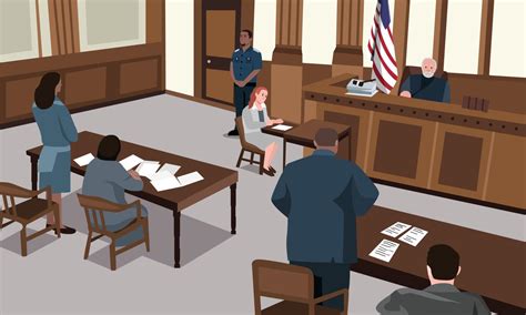 Court session in the courtroom. Judge, Prosecutor, lawyer, criminal, jury policeman Vector ...