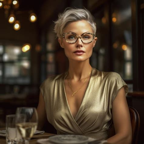 Premium AI Image | a woman wearing glasses and a gold dress sits at a table with wine glasses
