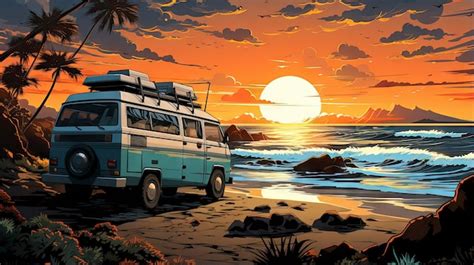 Premium AI Image | a van on the beach with a sunset in the background.