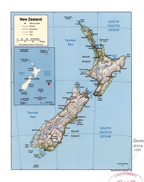 Large detailed political map of New Zealand with relief, marks of roads, railroads and cities ...