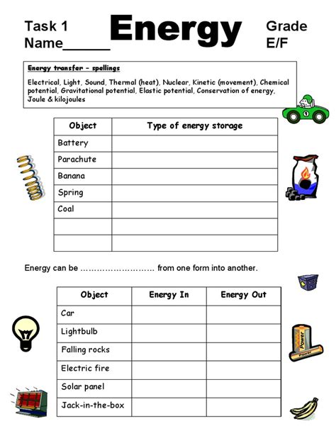 Energy Transfers Worksheet Task 1 | PDF