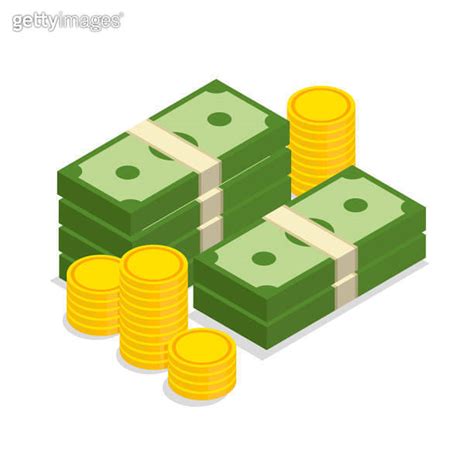 Big stacked dollar pile of cash and gold coins in a trendy isometric ...