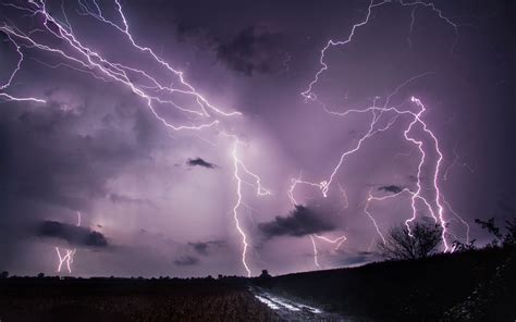 Download wallpaper 3840x2400 lightning, thunderstorm, road, field 4k ...