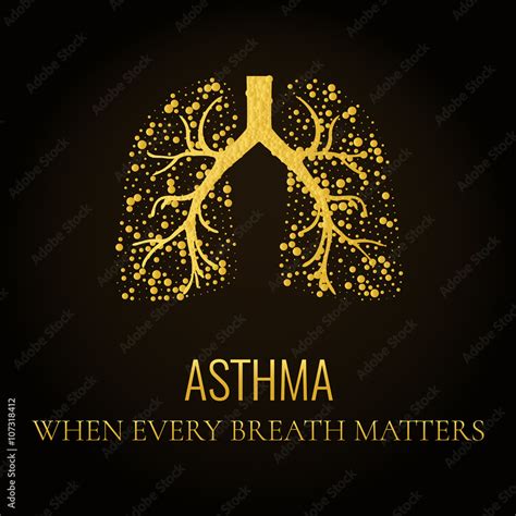 World Asthma Day. Asthma awareness poster with lungs filled with gold air bubbles on dark ...